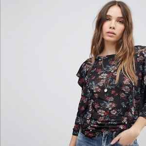 FREE PEOPLE DOCK STREET LONG SLEEVE‎ FLORAL TOP WITH RUFFLES BLACK Boho Romantic